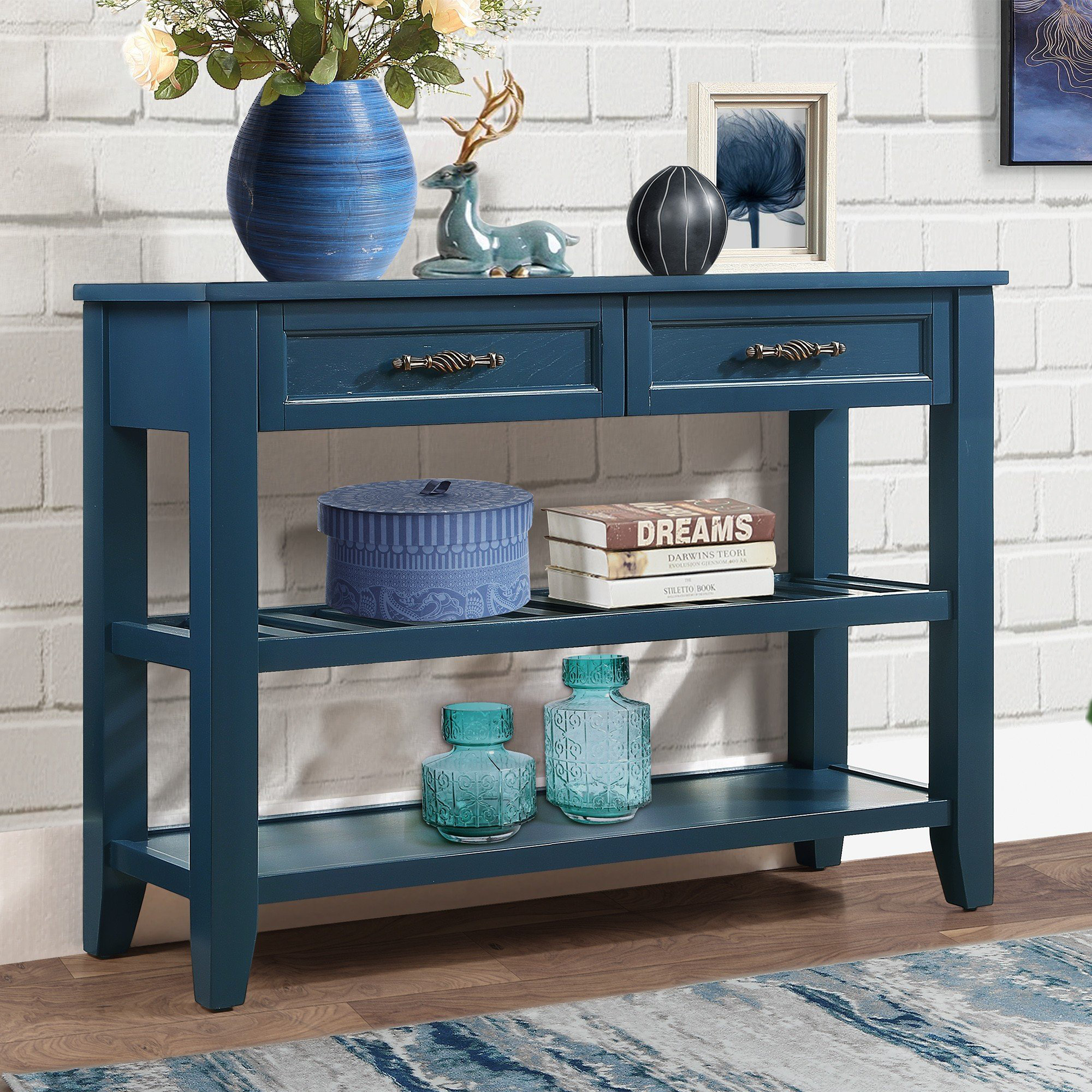 Winston Porter Console Sofa Table With 2 Storage Drawers And 2 Tiers Shelves 42 Navy Blue Wayfair